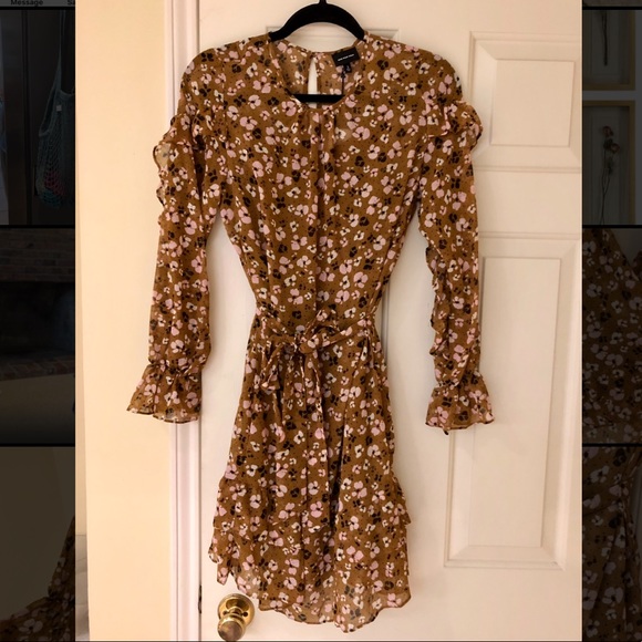 Gold Floral Ruffle Long-Sleeved Dress - Picture 1 of 6